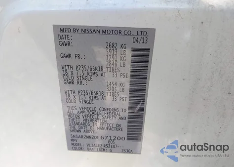 2013 Nissan Pathfinder Sv z USA, uszkodzony, nr VIN 5N1AR2MN2DC671200